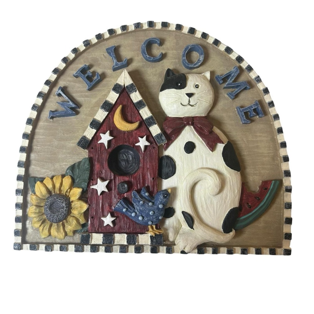 Vintage Folk Art Cat Birdhouse Wall Plaque 3D Sunflower Watermelon Country Decor